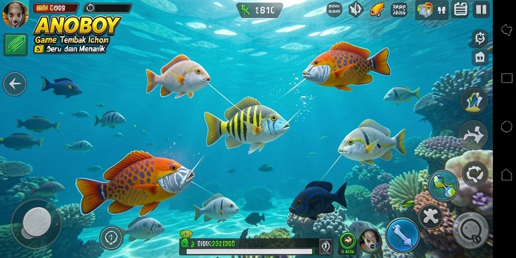 Tampilan gameplay ANOBOY yang seru dengan ikan-ikan berwarna-warni.