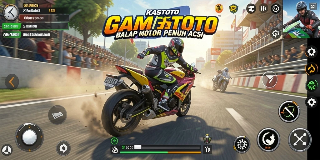 Tampilan gameplay KASTOTO dengan balapan motor yang seru.